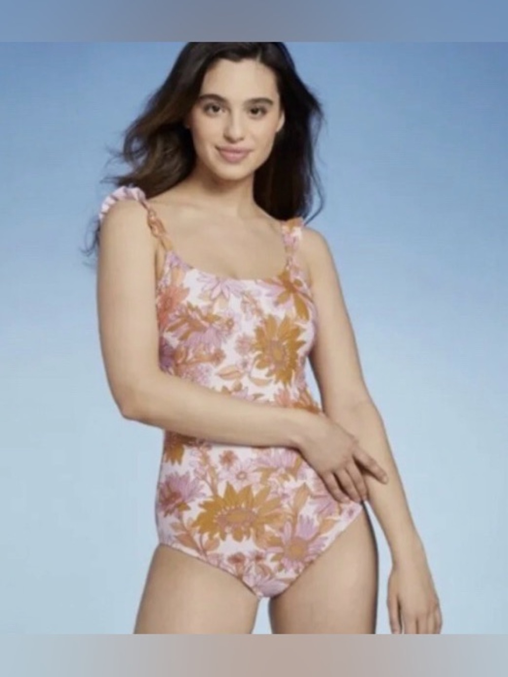 Kona Sol Retro Style Ruffle Strap Botanical One Piece Swimsuit